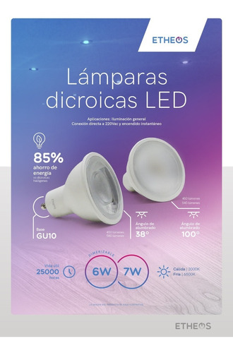 DICROICA LED 7W GU10 ETHEOS FRIA 812Lm 100°