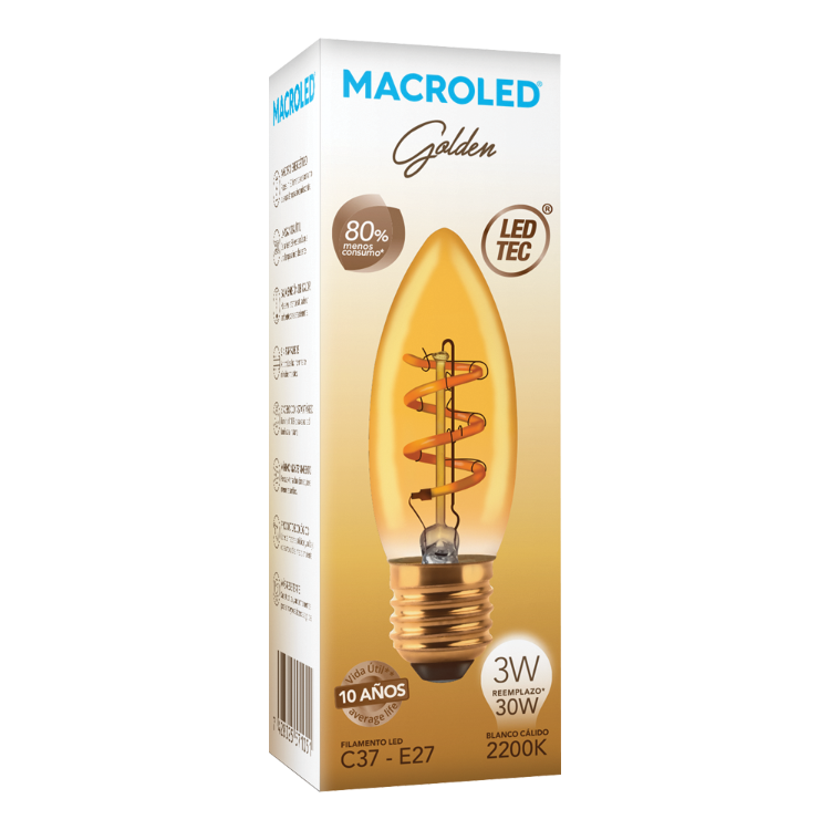 LAMPARA MACROLED VELA LED FILAMENTO VELITA GOLDEN 3W 240 Lm