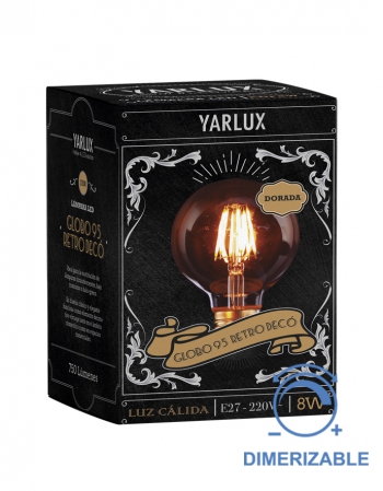 LED GLOBO 95MM RETRO DECO 8W E27 DORADO DIMER YARLUX
