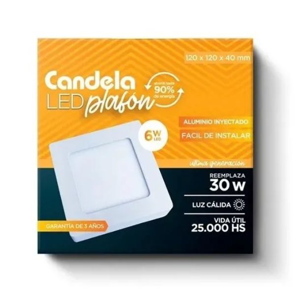 LED PLAFON CUADRADO APLICAR 6W CALIDO CANDELA