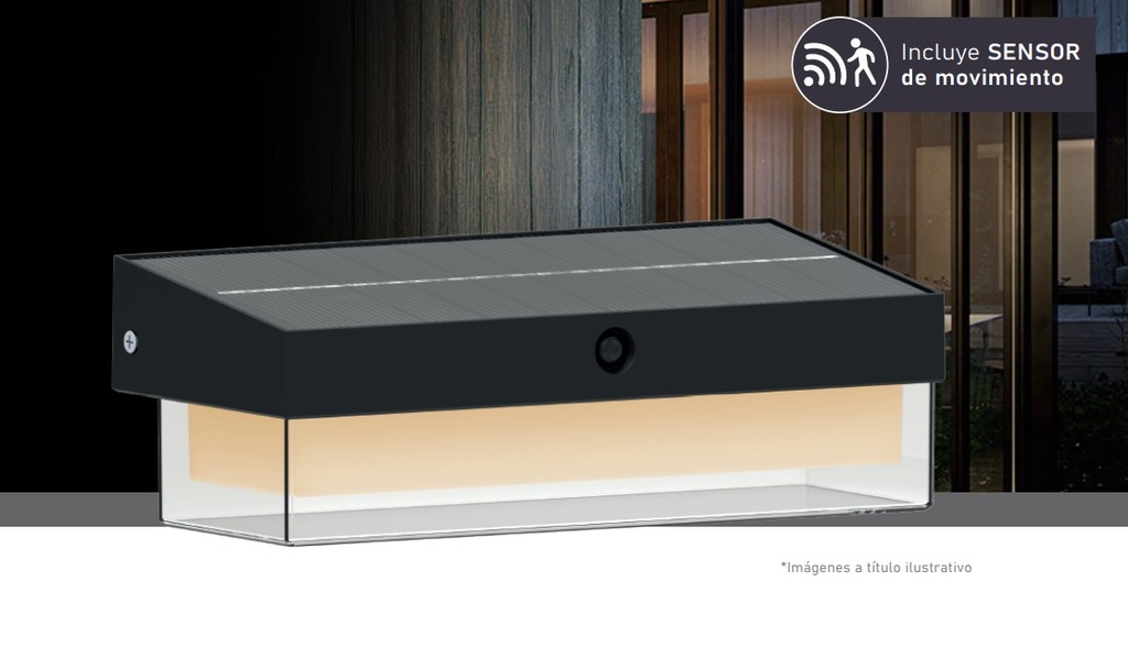 Aplique Luz Solar 13W Recargable Con Sensor De Movimiento Negro