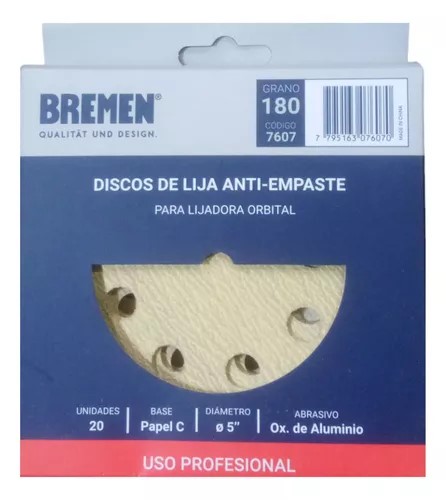 [7607] DISCOS DE LIJA ATI-EMPASTE (P/LIJADORA ORBITAL) GRANO 180 BREMEN X UNID